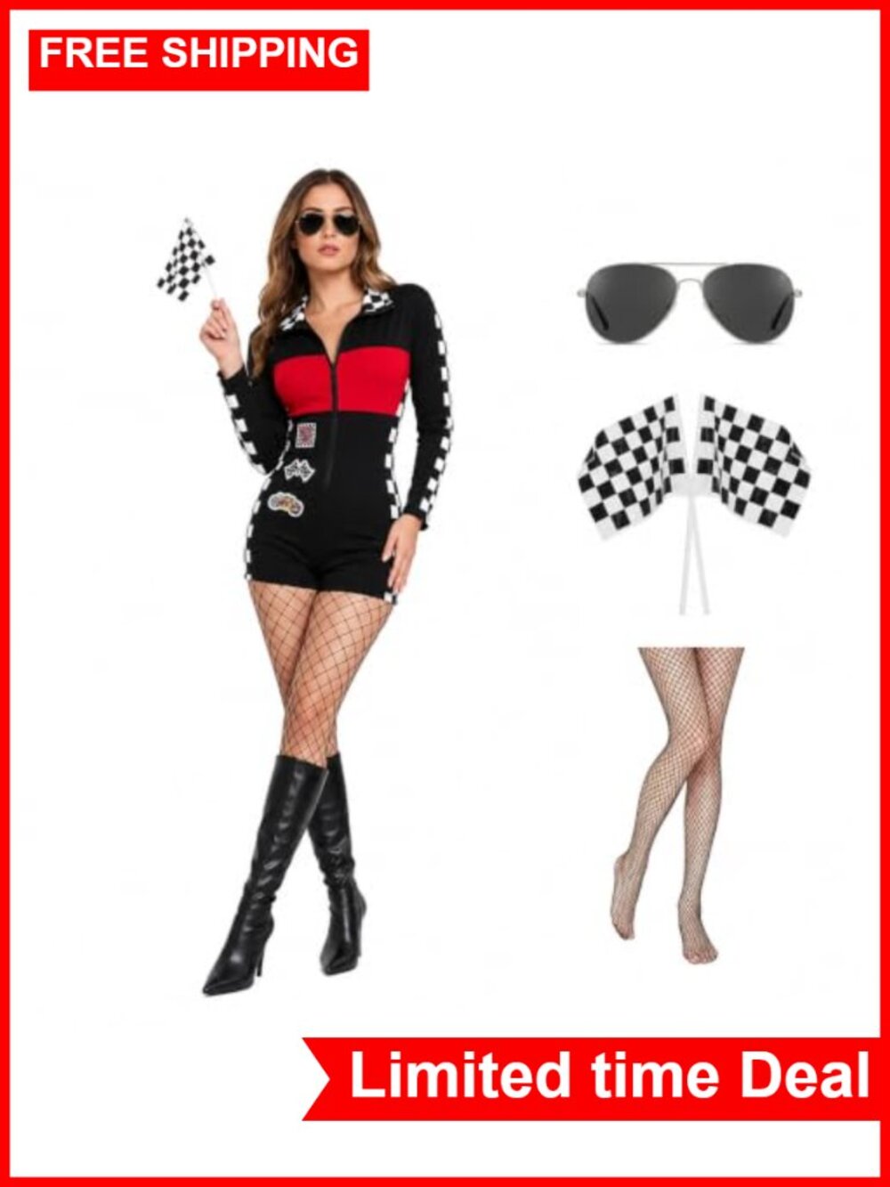 Race Car Driver Costume Jumpsuit w/ Flags & Sunglasses